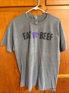 Gildan Gray Short Sleeve "EAT BEEF" Graphic Tee with Purple Logo